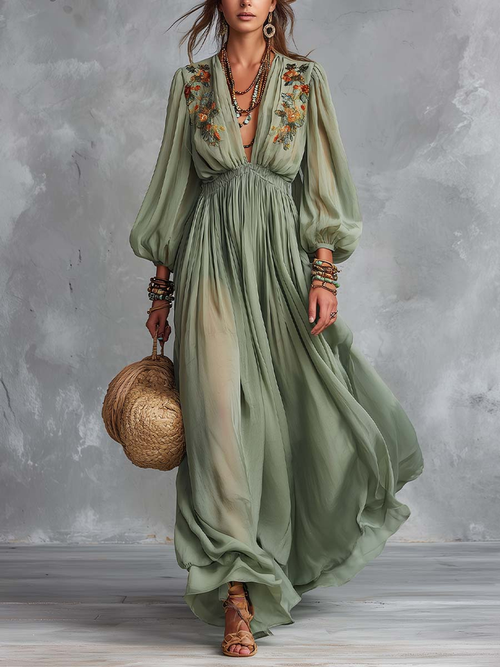 Élodine™ | Vestito Maxi Bohemien con Stampa Floreale
