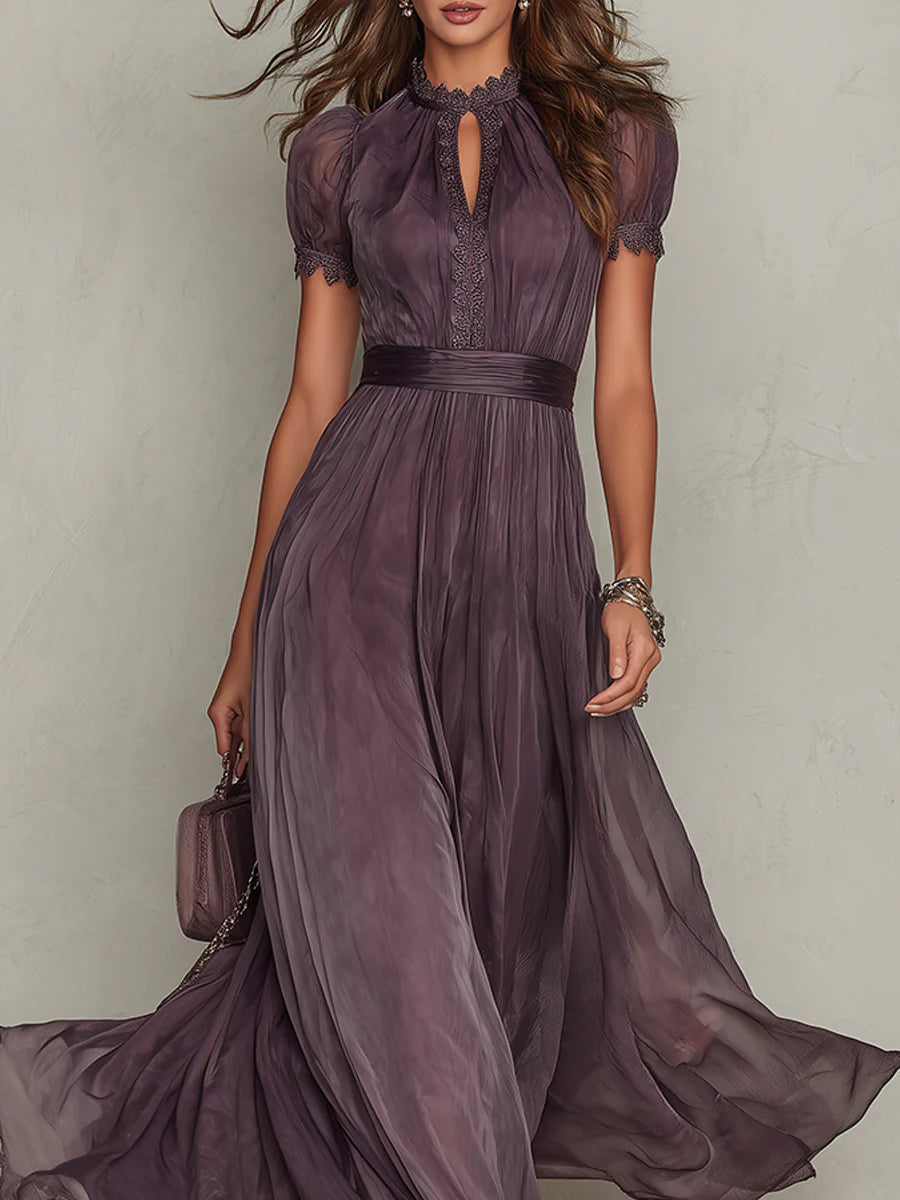 Abito Maxi in Chiffon con Dettaglio in Pizzo e Collo a Chiave Viola