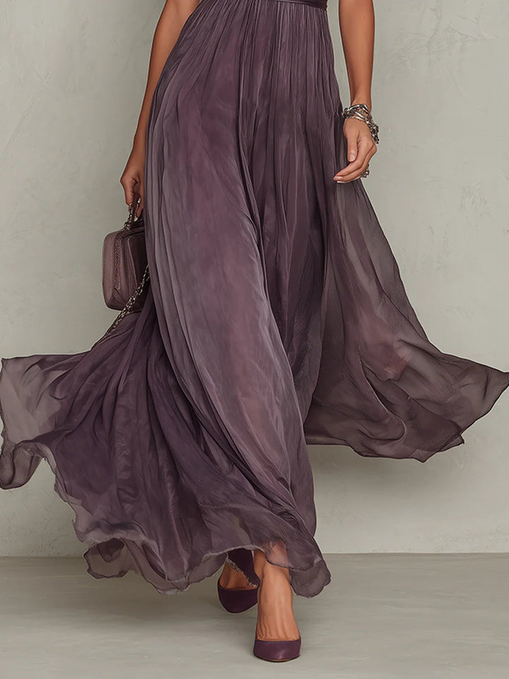 Abito Maxi in Chiffon con Dettaglio in Pizzo e Collo a Chiave Viola