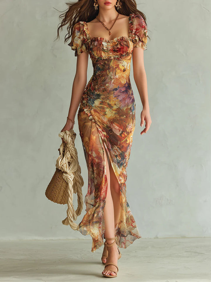 Stampa di pittura ad olio bohemien per le vacanze in arancione, vestito maxi in chiffon
