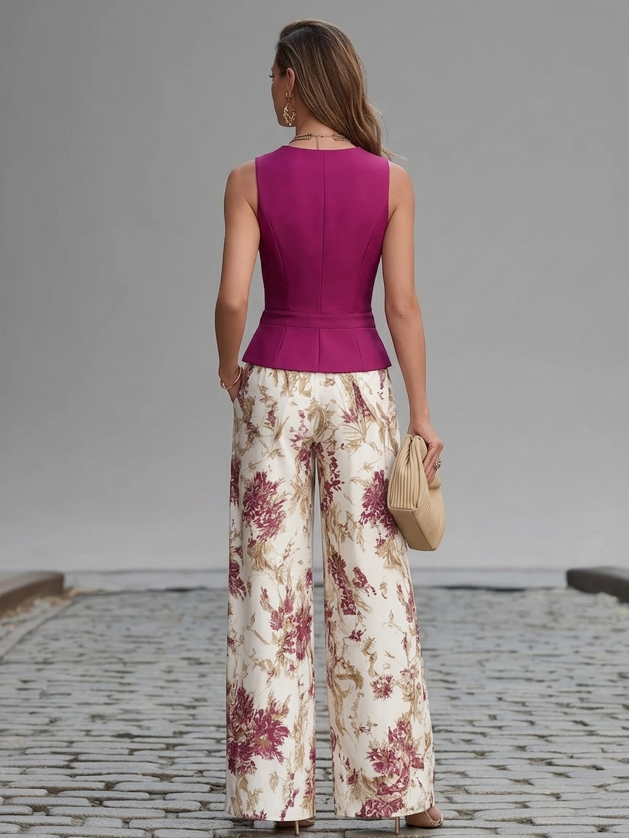 Completo Gilet Senza Maniche Rosa Chiaro e Pantaloni Ampi con Stampa Floreale