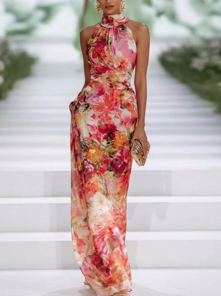 Abito Maxi Senza Maniche in Chiffon Floreale Rosso con Collo Halter