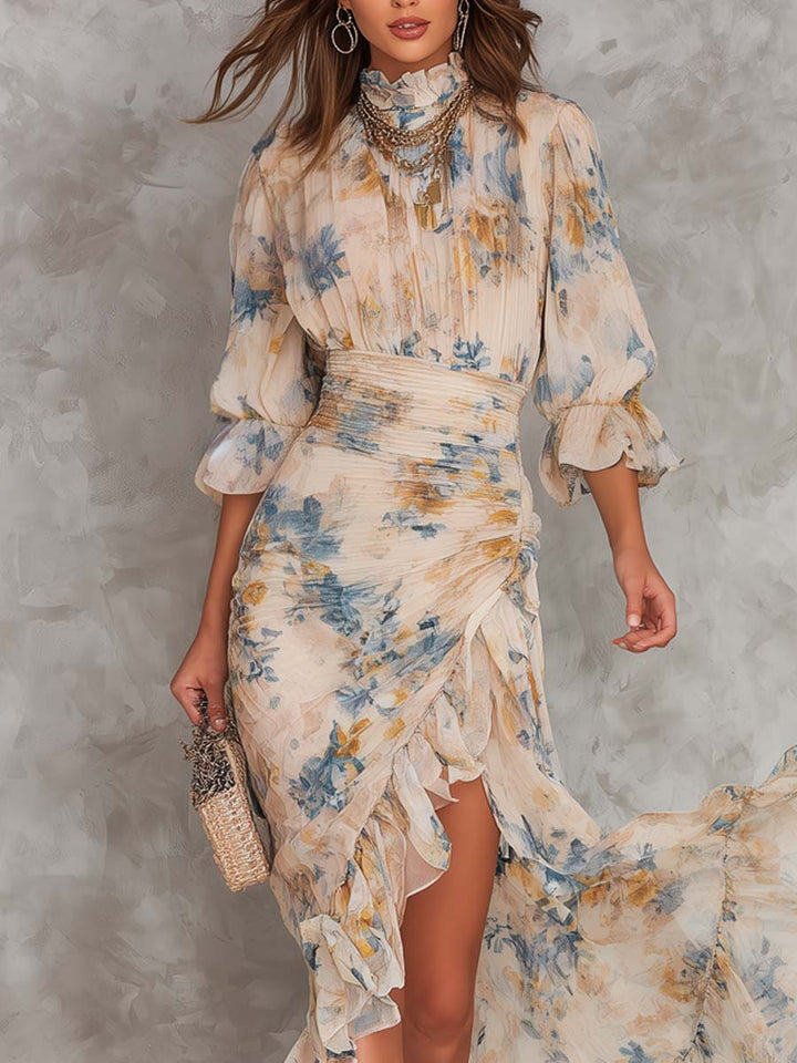 Abito Maxi in Chiffon Irregolare con Stampa Floreale in Pittura ad Olio Beige
