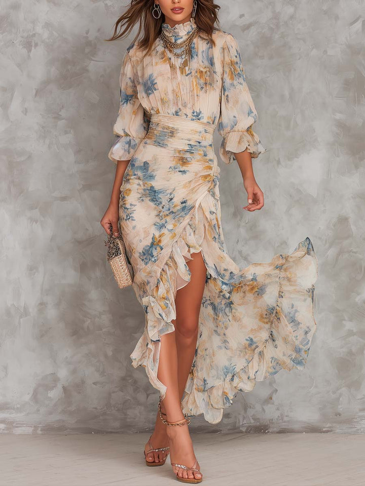 Abito Maxi in Chiffon Irregolare con Stampa Floreale in Pittura ad Olio Beige