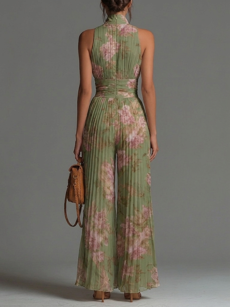 Mono di Chiffon Verde Floreale Senza Maniche con Collo a V e Chiusura a Cerniera con Pieghe di Gamba Larga