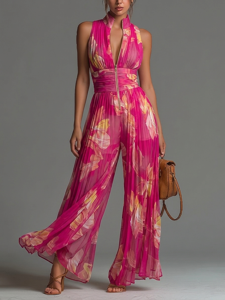 Tuta senza Maniche in Chiffon con Zip Plissettata a Gamba Larga con Stampa Floreale in Fucsia