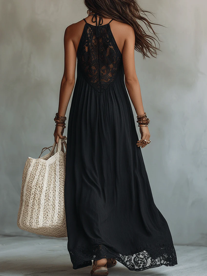 Abito Maxi Bohemien Nero Senza Maniche con Pizzo