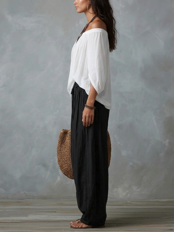 Completo Top Bianco Off-the-shoulder e Pantaloni Lantern Larghi