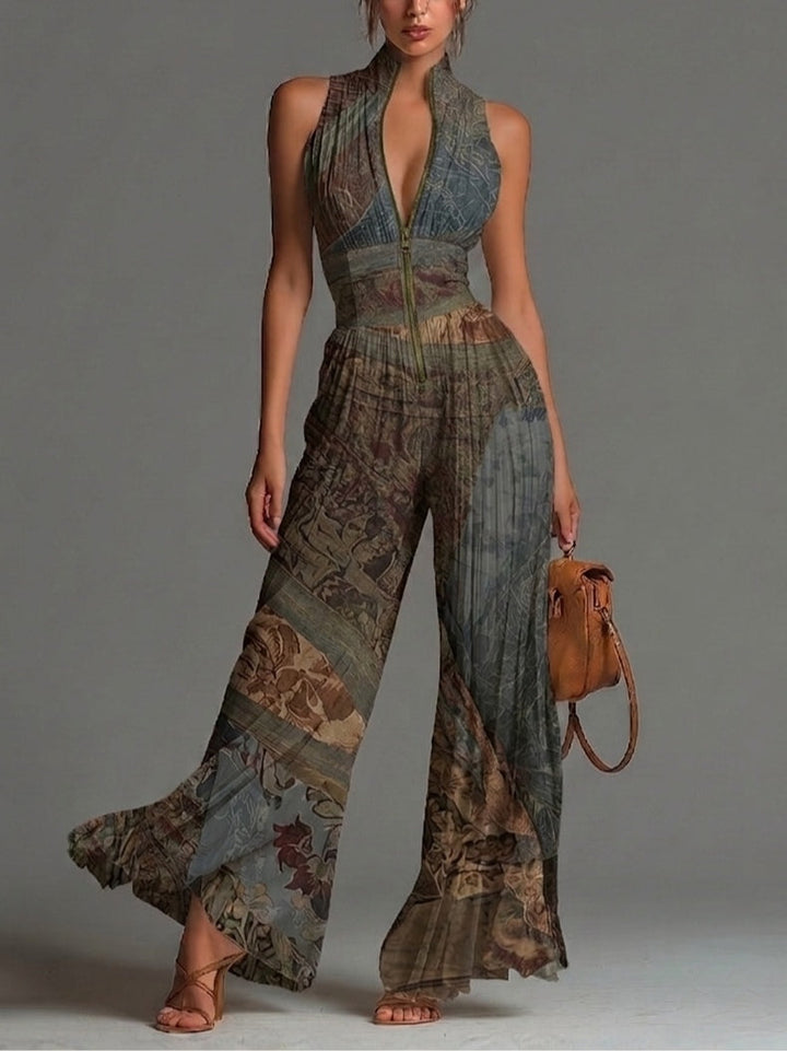 Tuta in Chiffon Senza Maniche con Zip Plissettata a Stampa Etnica Bohemien
