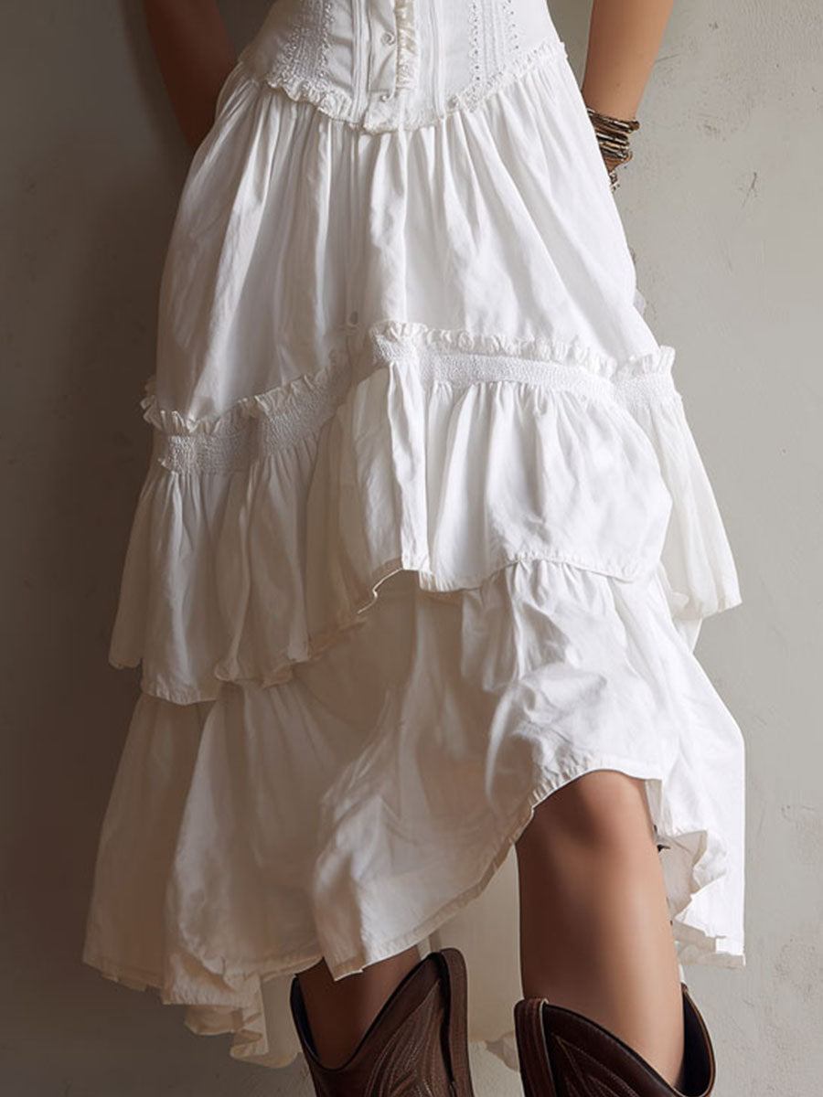 Abito Midi con Corsetto a Strati in Stile Retro Boho con Pizzo