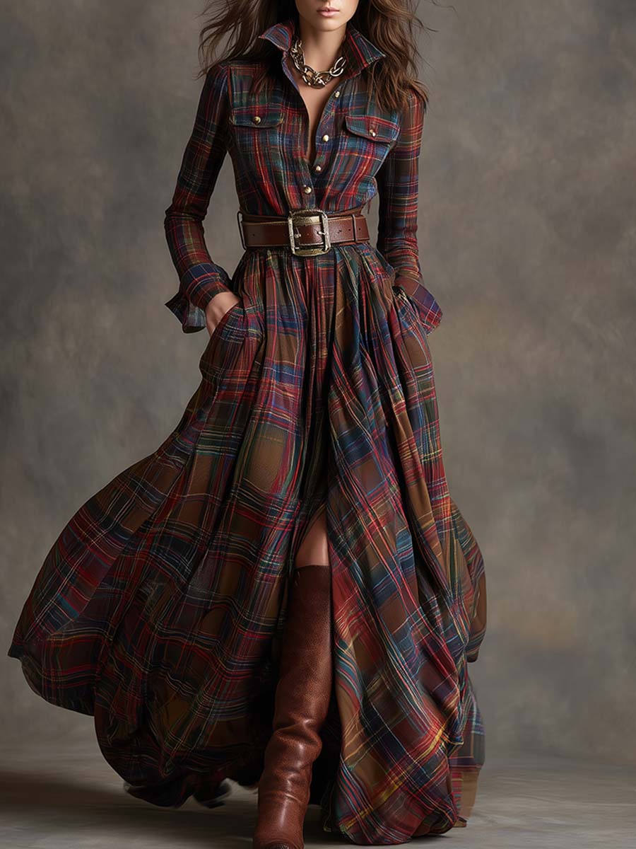 Scarlett | Abito Camicia Lungo a Quadri con Maniche Lunghe e Cintura