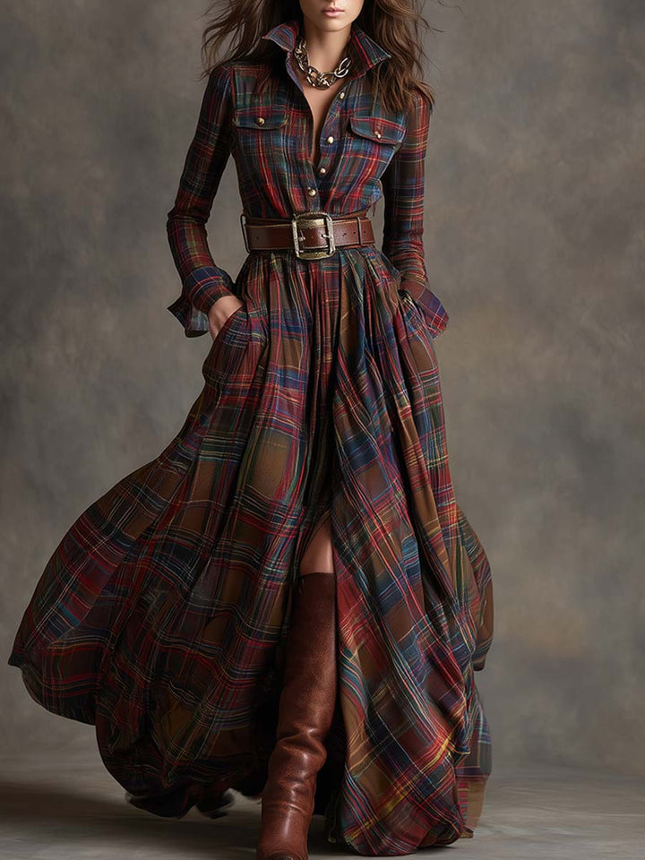 Scarlett | Abito Camicia Lungo a Quadri con Maniche Lunghe e Cintura