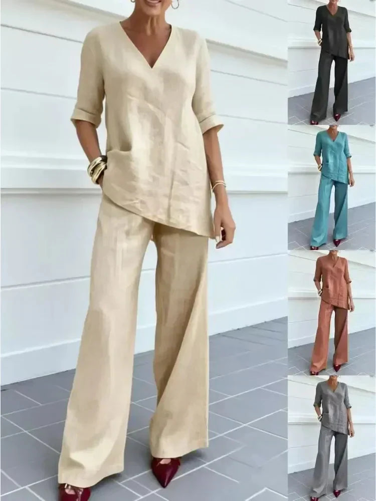 Susana | Completo di Due Pezzi con Top a Manica Corta e Pantaloni Dritti