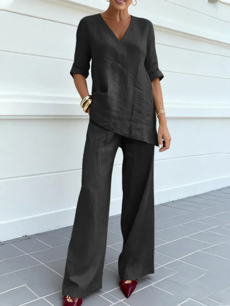 Susana | Completo di Due Pezzi con Top a Manica Corta e Pantaloni Dritti
