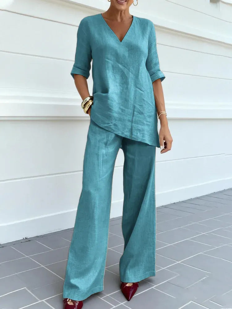 Susana | Completo di Due Pezzi con Top a Manica Corta e Pantaloni Dritti
