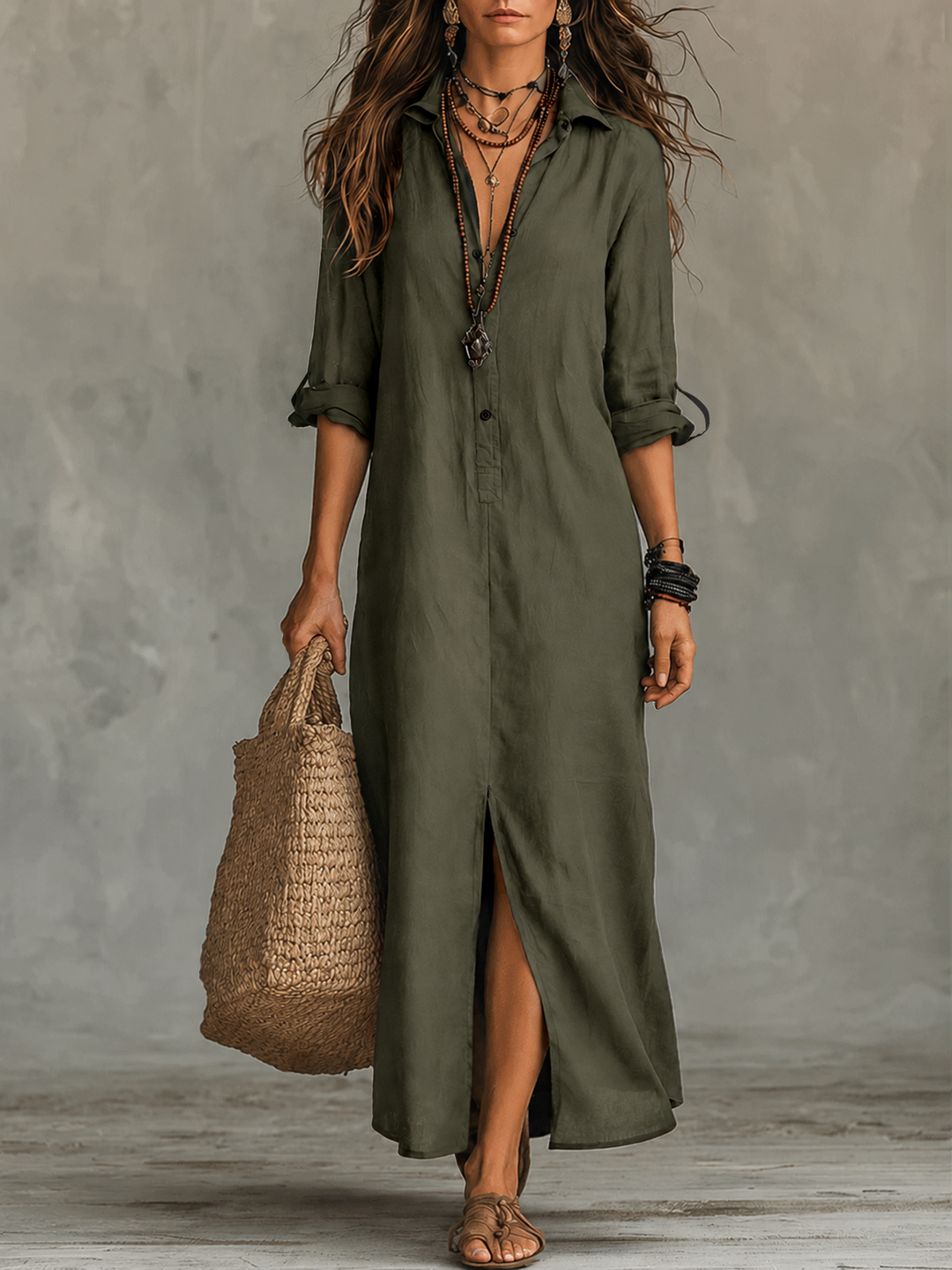 Vestito Maxi Bohemien con Bottoni Frontali Neri