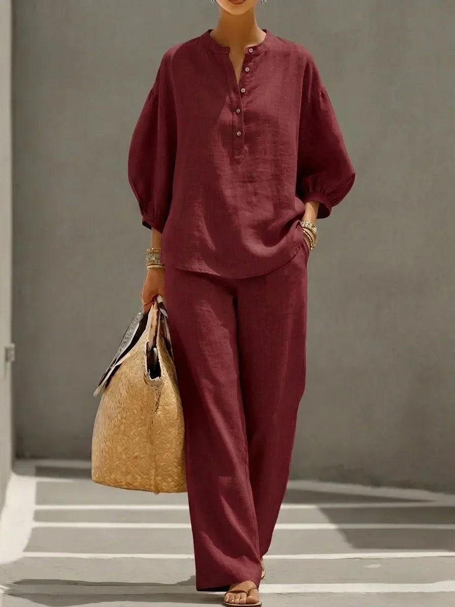 Camille | Completo di Due Pezzi in Lino Relax con Bottoni