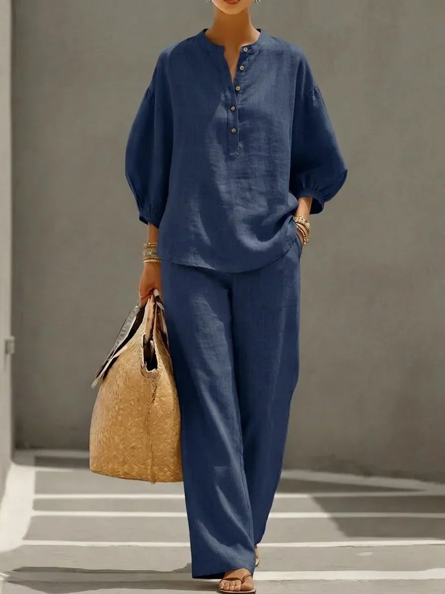 Camille | Completo di Due Pezzi in Lino Relax con Bottoni